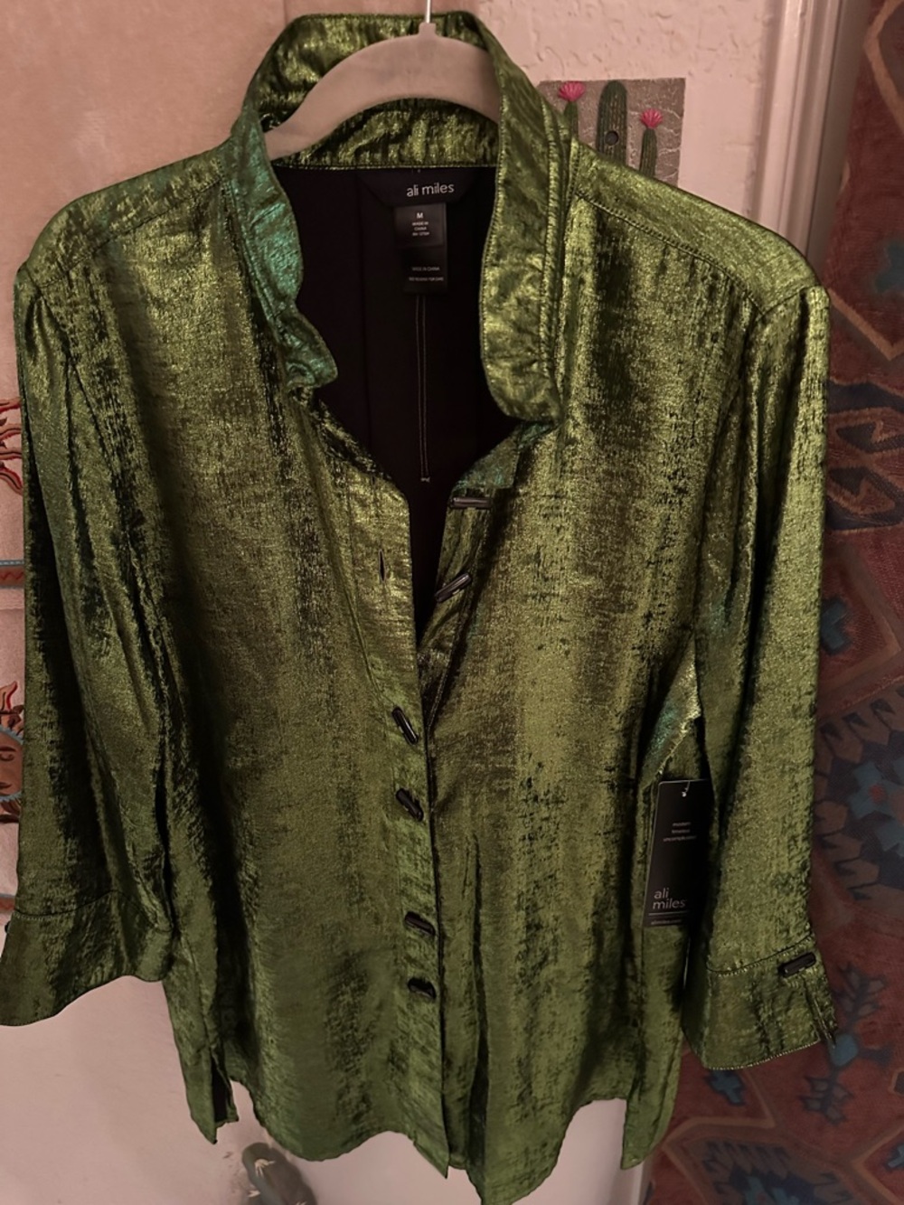 Ali Miles Metallic Lime Green Button-Front Shirt